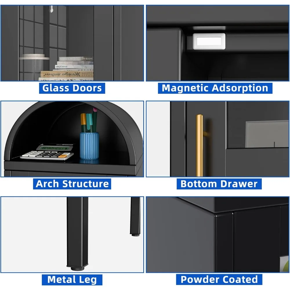 Большой металлический арочный шкаф для хранения со стеклянными дверцами, полками и ящиком для гостиной и кухни