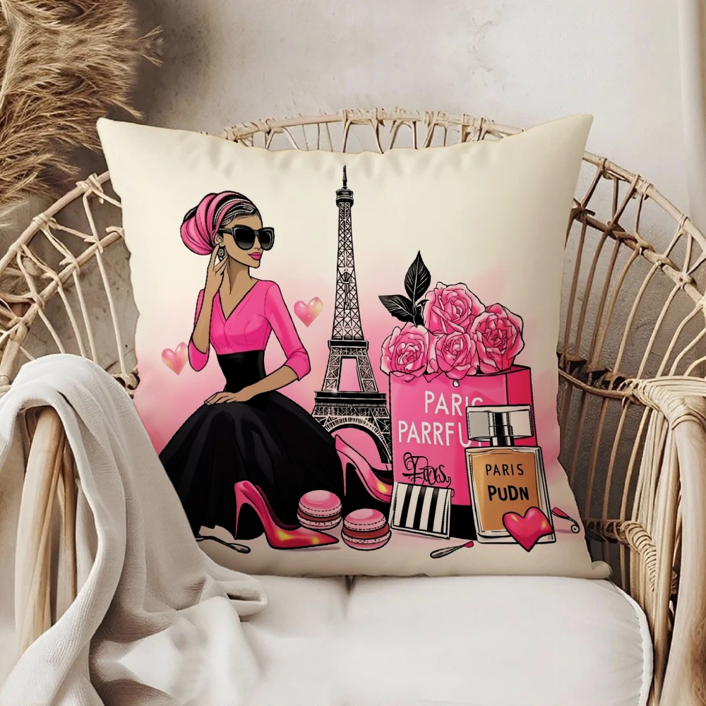Square Throw Pillow Case Beige Fashionable Woman With Sunglasses Eiffel Tower Pink Roses Perfume Bottle Macarons And High Heels