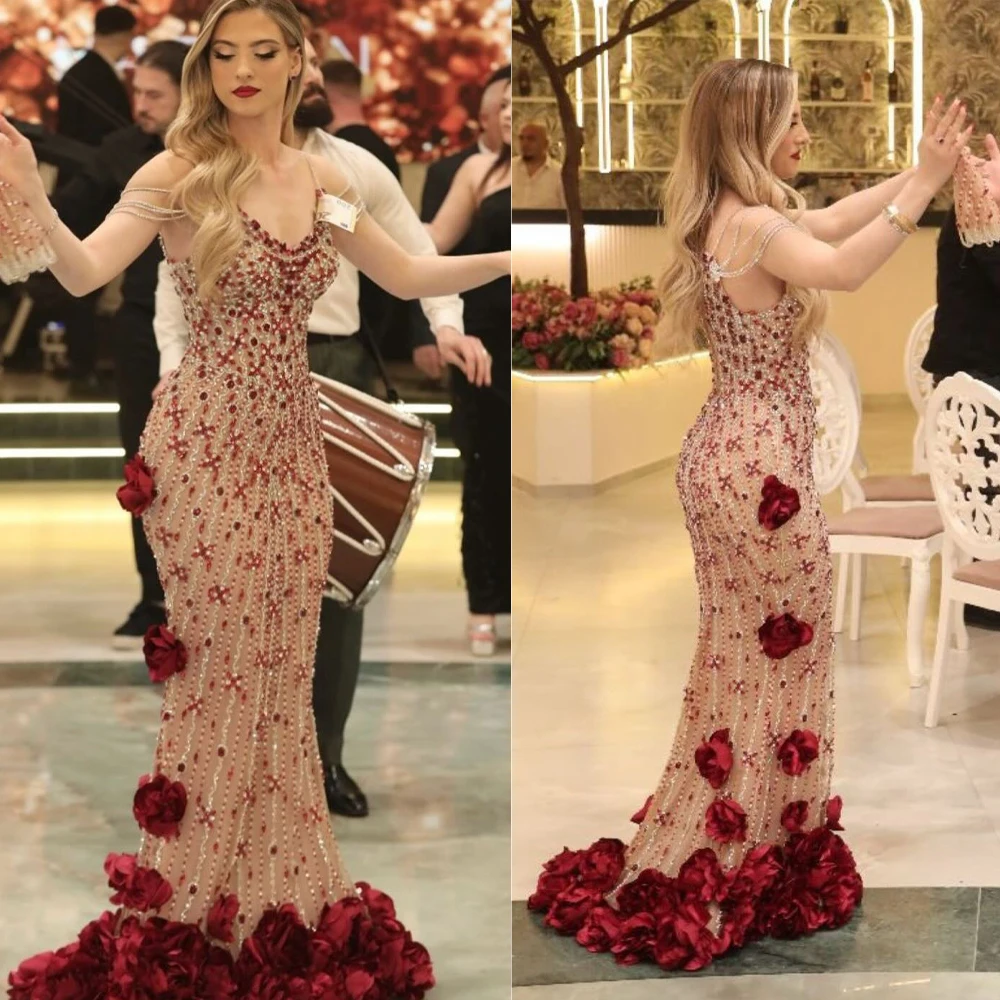 Perles de luxe Robe de soirée sirène avec des Appliques de fleurs 3D femme robes de bal robes de soirée anniversaire Robe de soirée personnaliser