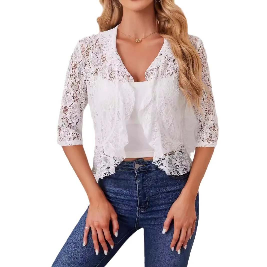 Cross-border 2026 Amazon's New Elegant and Fashionable Women's Ruffle Leaf Open Placket Short Lace Top Cw16781