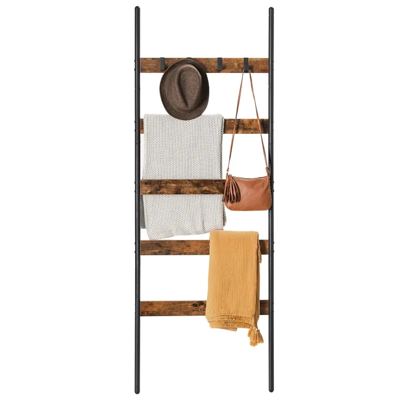 5 Tier Wooden Blanket Ladder with Organizer Hanging Bar Holder Vintage Blanket Rack