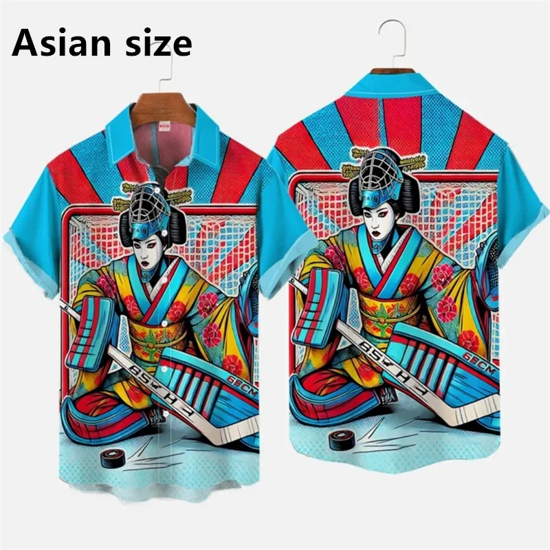Full Print Japanese Style Men's Hawaii Shirts Geisha Graphic Short Sleeve Beach Shirt For Men Summer Casual Men's Lapel Shirts