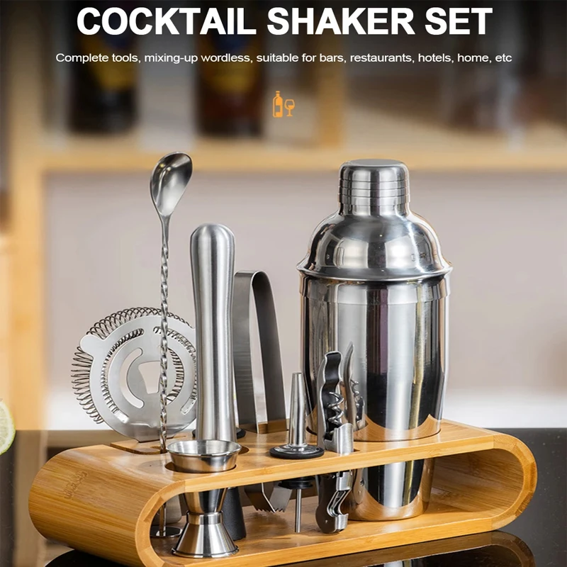 

10pcs Bartender Shaker Set Stainless Steel Cocktail Pourer Muddler Jigger with Wood Stand for Bar Home Party Mixing Drinks Tools