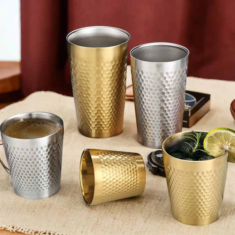 Anti-scalding Hammered Texture Double-Wall Stainless Steel Milk Mugs - Northern Europe Style Cold Water Beer Cups - Anti-fall Dr