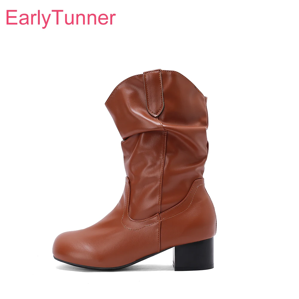 

2025 Новые зимние удобные коричнево-фиолетовые женские ботинки до середины икры на среднем квадратном каблуке Женская обувь плюс маленький большой размер 13 30 43 48 50