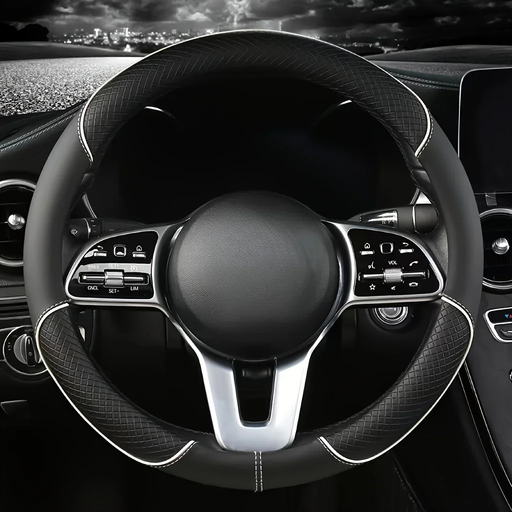 Suitable for Car Deco Full Leather Stitching Line Car Steering Wheel Cover, Three-Dimensional Anti Slip, Timple and Fashionable