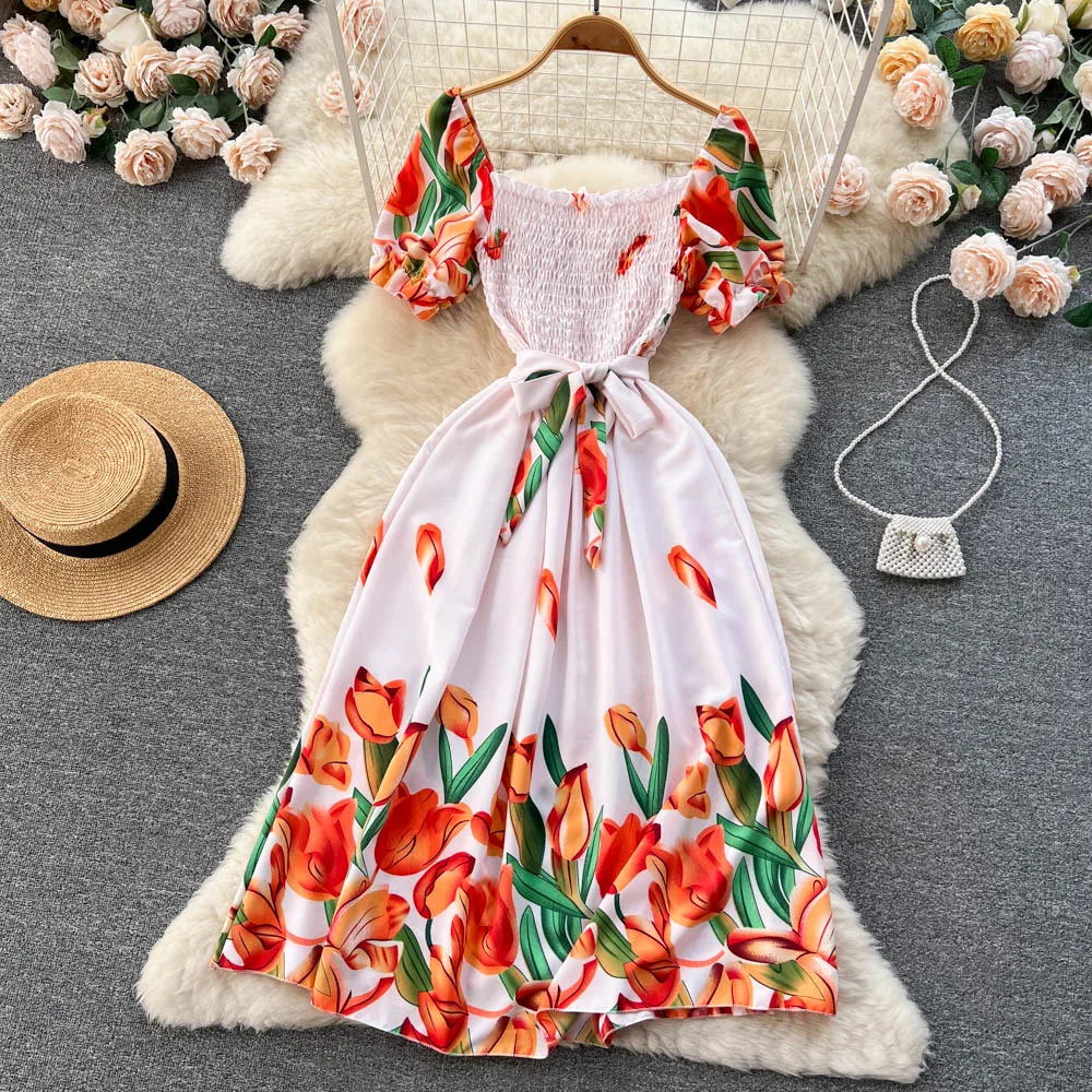 YuooMuoo Fashion Summer Flower Print Long Dress Women Vintage Square Neck Ruched Chest Sash Bandage Sundress Party Vestidos