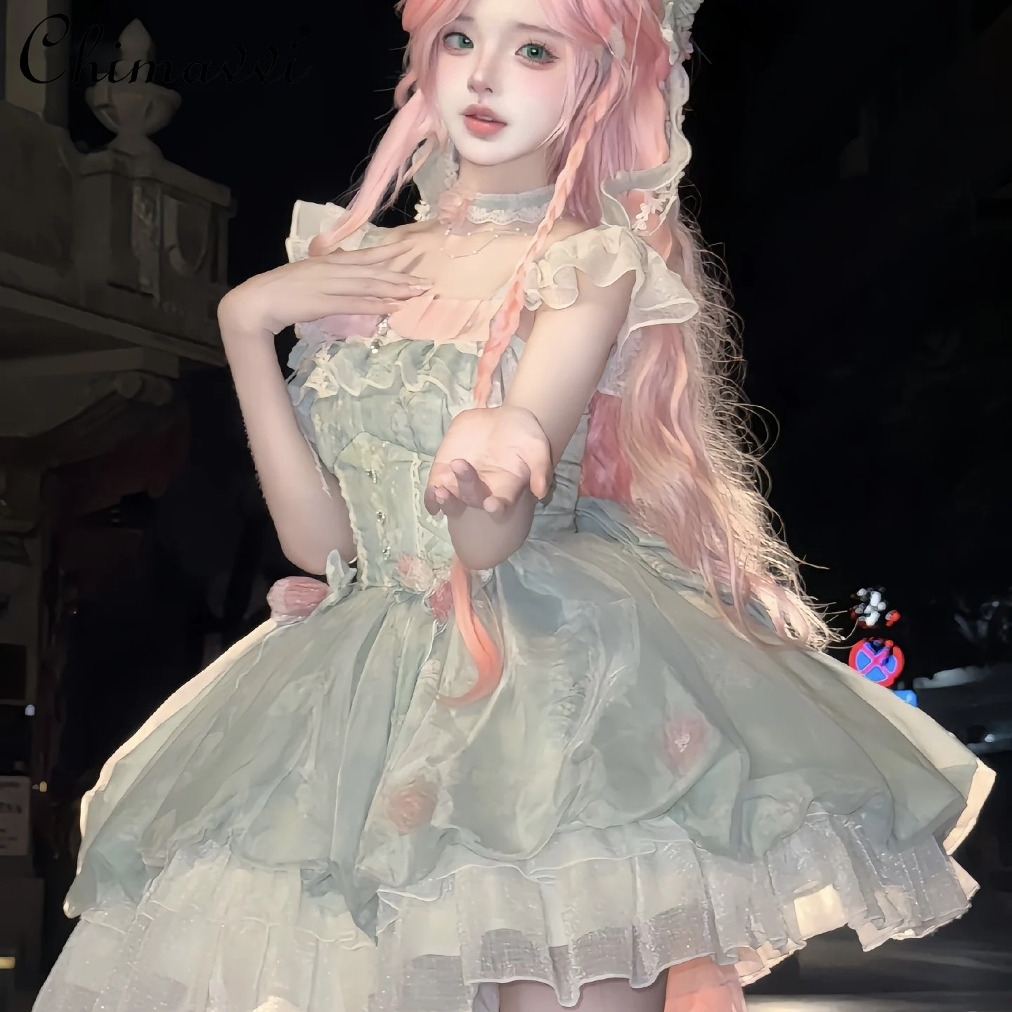 Lolita Forest Garden Wind Sweet Girl Abito verde 2025 Estate Nuovo temperamento di moda Abiti corti per feste di compleanno da donna