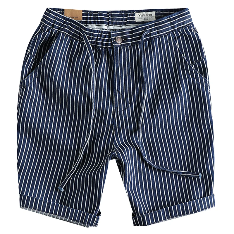 Retro Pinstripe Washed Denim Shorts for Men Blue Casual Loose Straight Half Pants for Youth Male 100% Cotton Harajuku Vintage