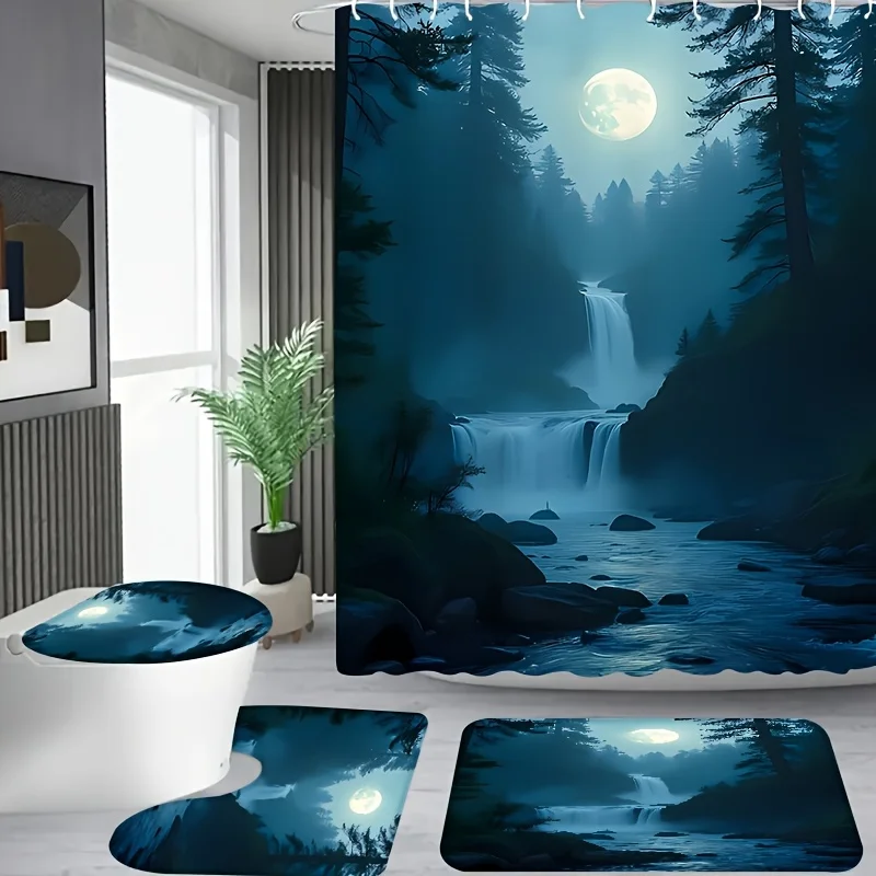 

4 шт., лунный свет, лесной водопад, пейзажный узор, ванная комната в квартире, занавеска для душа в душевой комнате, набор занавесок для душа в отеле