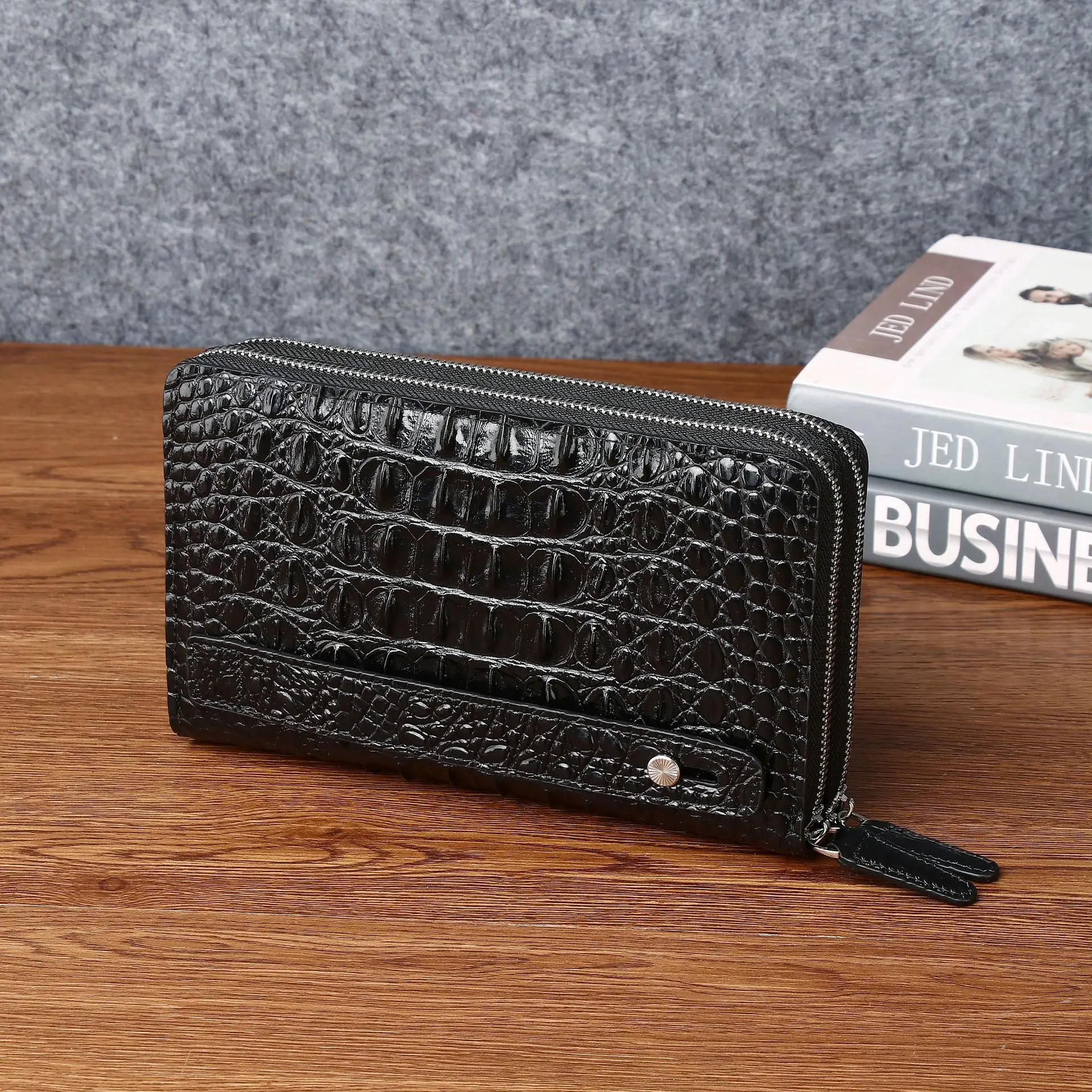 Men's Genuine Leather Crocodile Embossed Clutch Bag Luxury Double Zipper Large Capacity Multi-Function Multi-Card Wallet Handbag