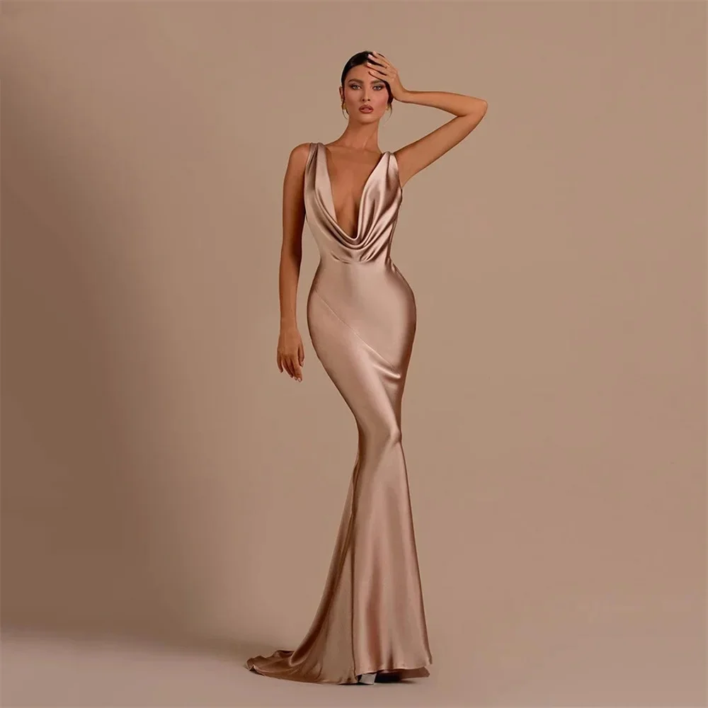 

OTHRAY Elegant Simple Champagne Prom Dress Deep V-Neck Pleats Draped Evening Dress 프롬드레스 Sexy Backless Mermaid Satin Party Dress