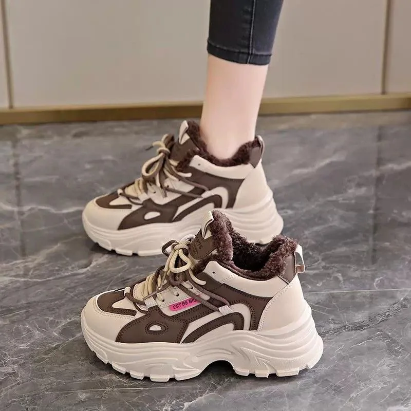 Thick soled dad shoes for women in winter 2025 with plush and thick leather surface  soft soled casual sports cotton shoes