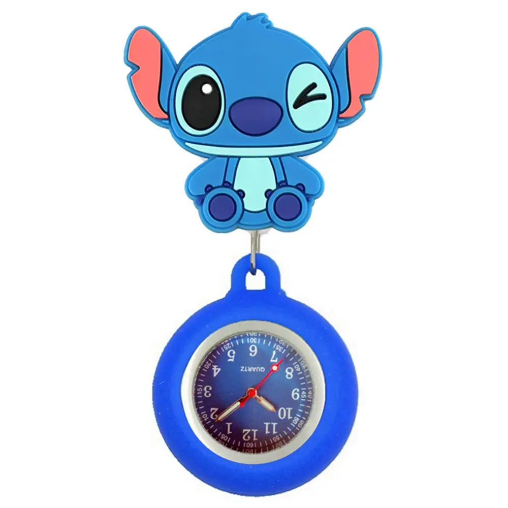 MINISO Cartoon Stitch Lovely Colourful Kids Students Nurse Doctor FOB Pocket Watches Badge Reel Clip Hang Medical Clock