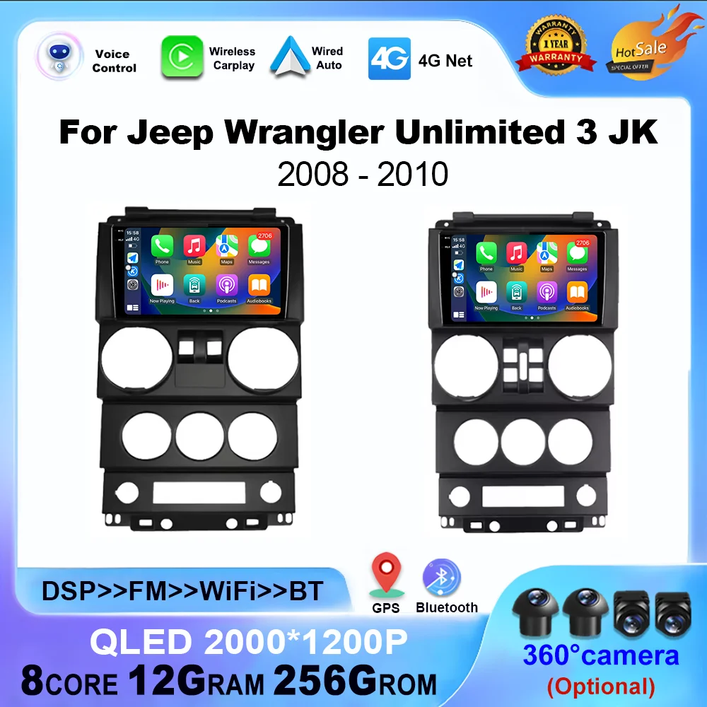 

Автомобильный радиоприемник Android 14 для Jeep Wrangler Unlimited 3 JK 2008–2010 Беспроводной CarPlay Стерео Мультимедийный плеер 4G Авторадио DSP GPS