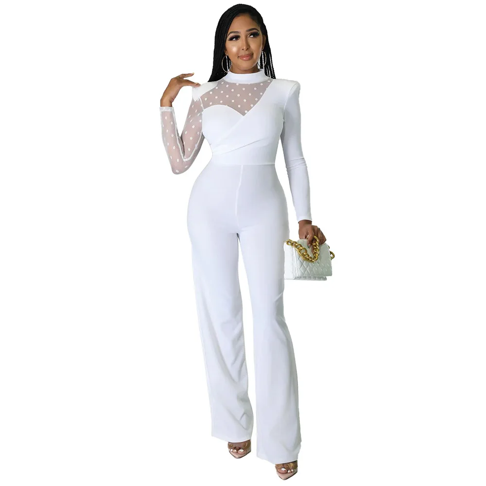 Saida 2024 Summer Jumpsuit Outfits Mesh Matching For Female Women's Overalls Casual Onesies Straight Pants Polyester White Black