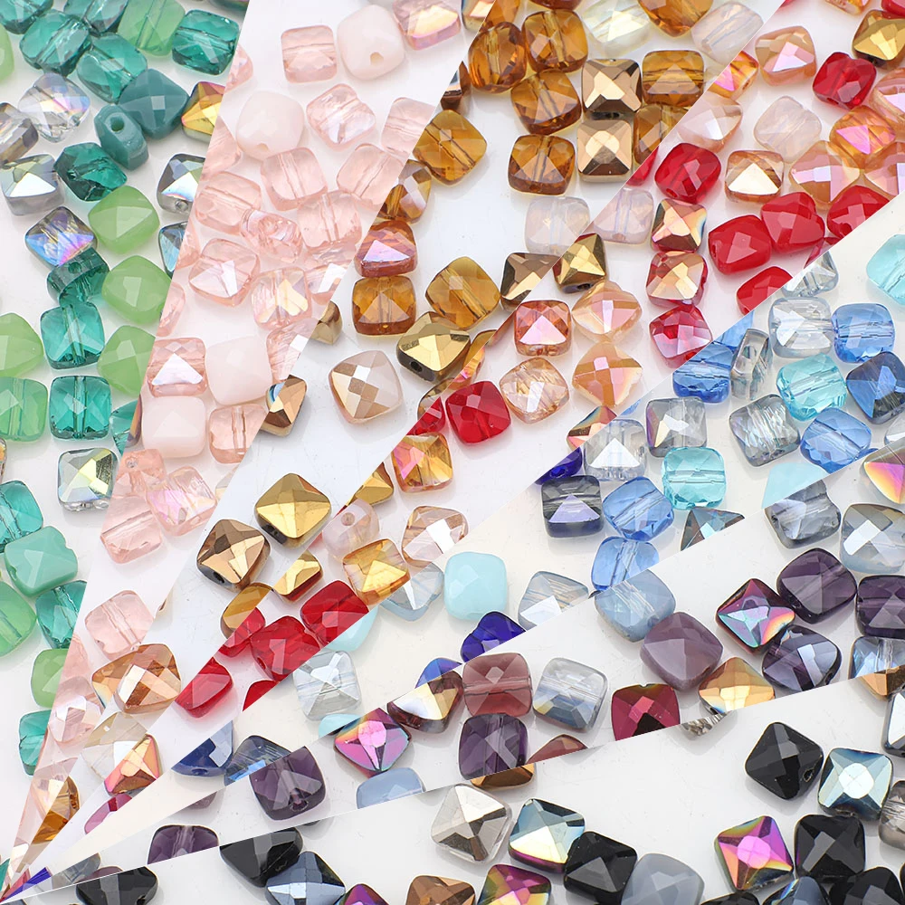 50Pcs/Lot 6mm Faceted Crystal Glass Square Loose Spacer Flat Cube Beads For DIY Making Jewelry Earing Necklace Accessories