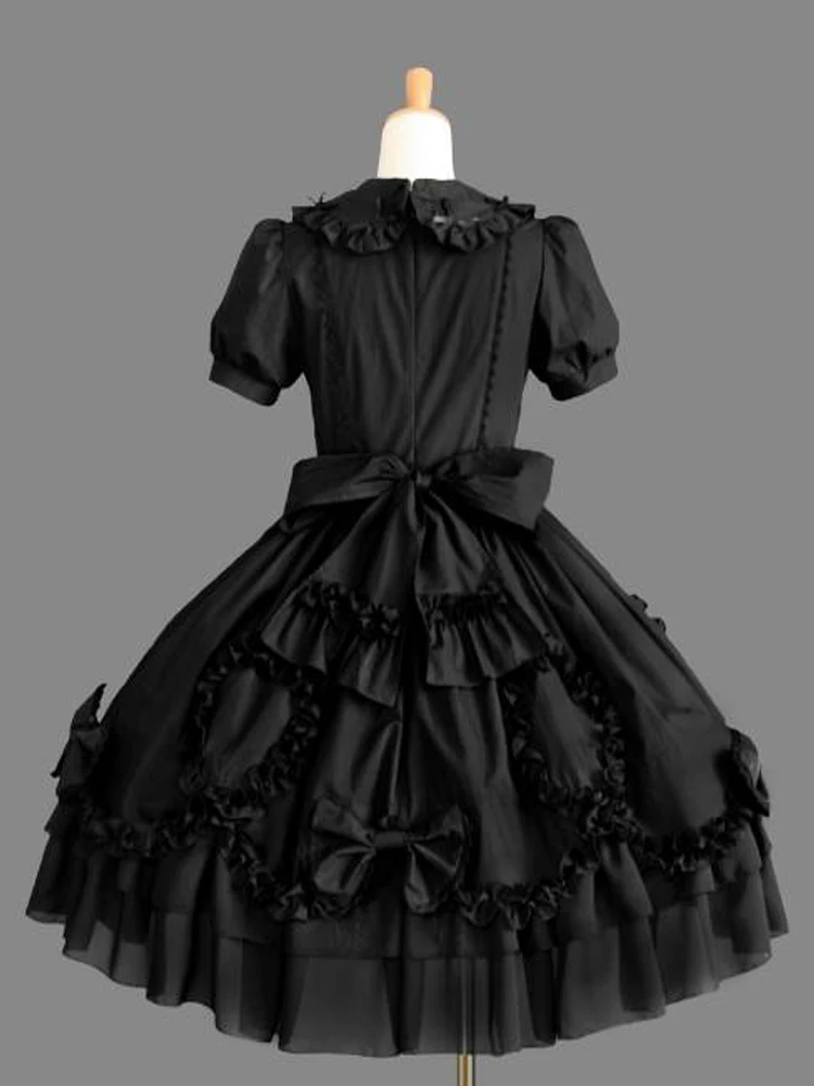 Gothic Black Dress Short Sleeve Bows Layered Ruffles Peter Pan Collar Cotton Lolita One Piece Dress Halloween Costume