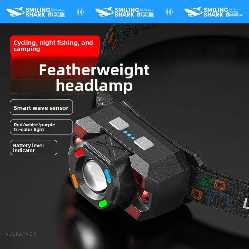 Retractable Zoom Three Color Light Source Headlamp Focus Flood USB Charging Wave Induction Live Headlight LED Camping Fishing