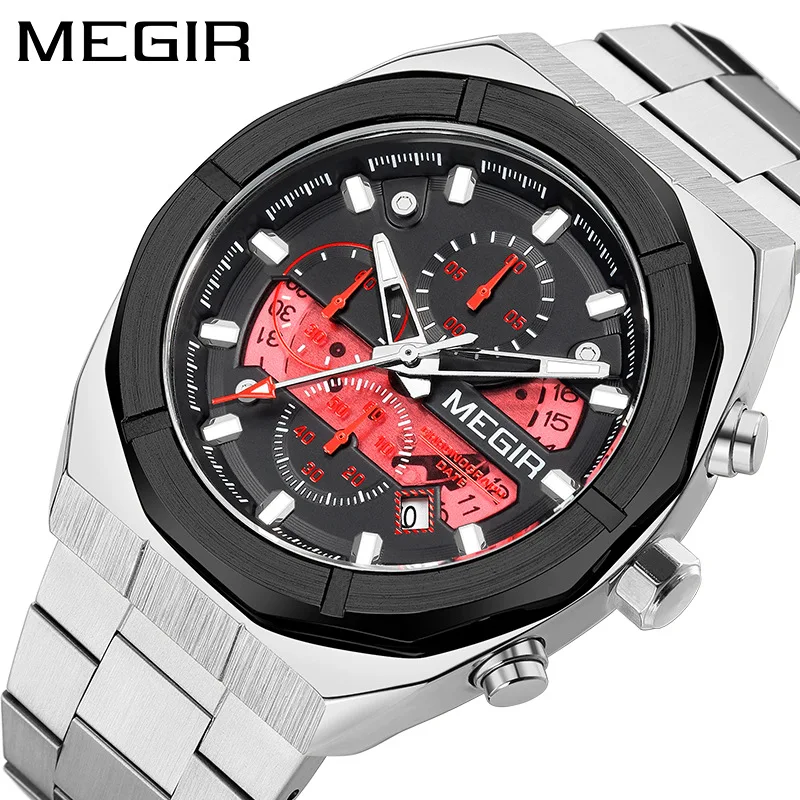 

MEGIR 2225 New Men's Quartz Watch Multifunctional Chronograph Calendar Luminous Waterproof Steel Strap Sport Fashion Watches