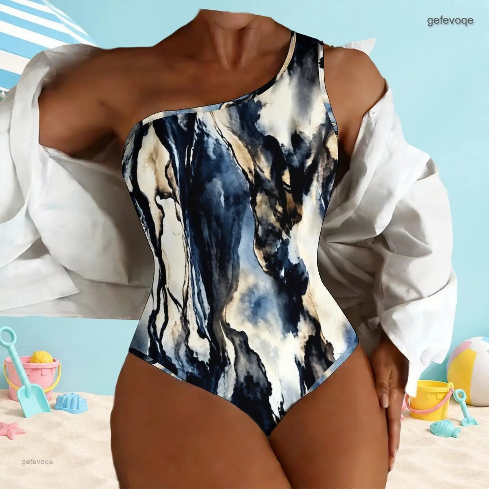 Women One Shoulder Sleeveless Printed Distressed Vertical Stripe One Piece Swimsuit