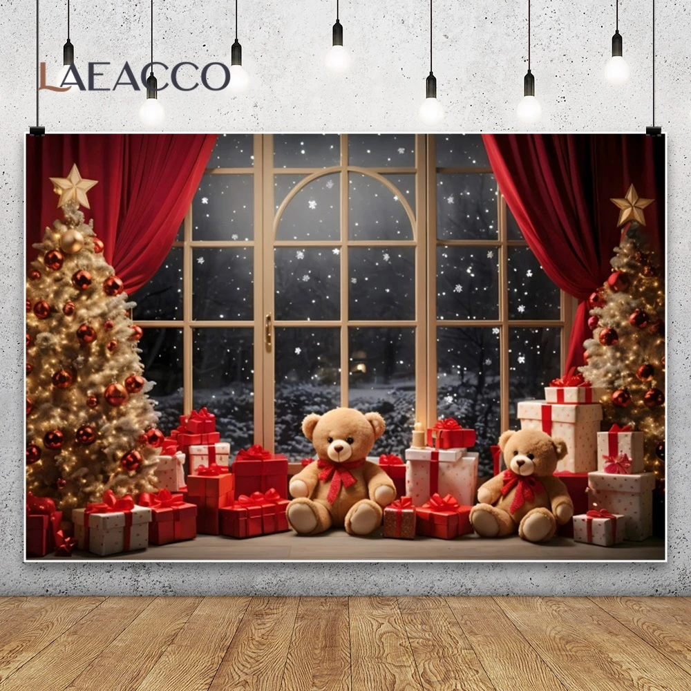 Merry Christmas Teddy Bear Doll Photography Background Xmas Tree Red Curtain Window Decor Kid Portrait Indoor Photocall Backdrop