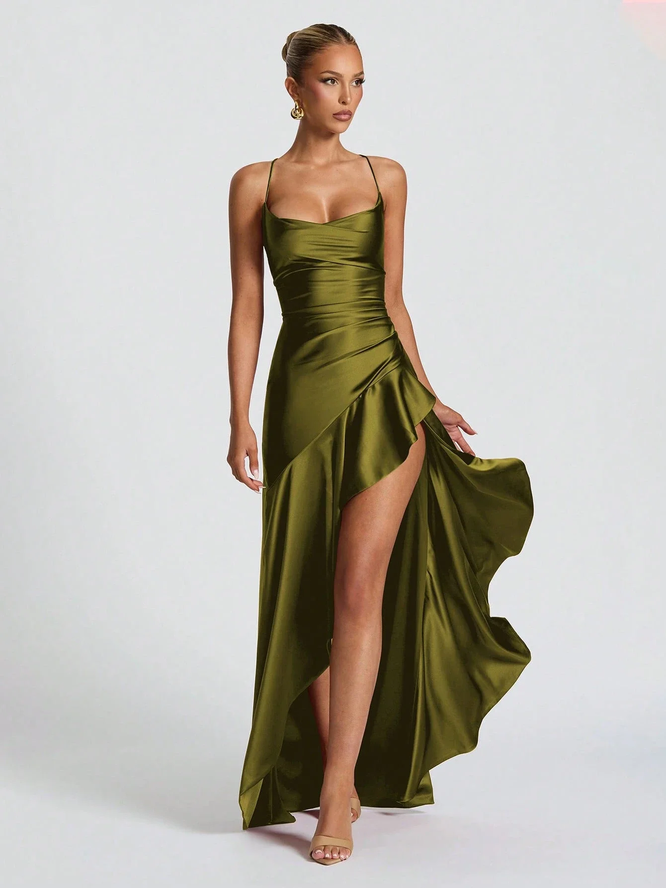 

Women Solid Color Spaghetti Strap Sexy Ruffle Hem Slit Dress Party Evening