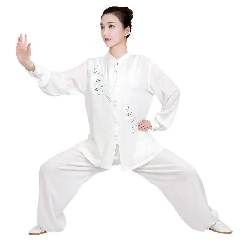 2PCS Tai Chi Uniform Set Embroidery Cotton Linen Wushu Clothing Long/Short Sleeve Tai Chi Training Suit for Women
