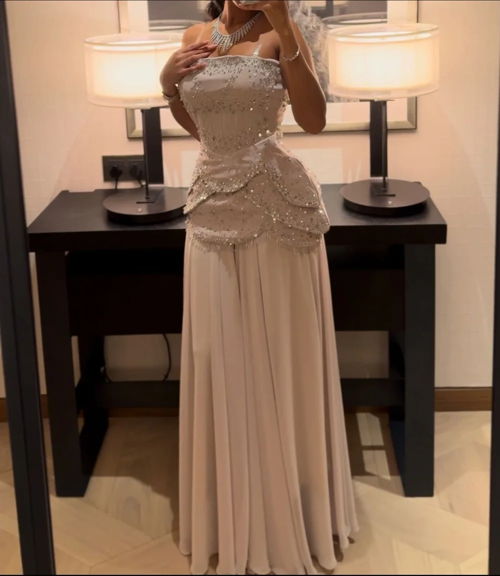 

Customized Matching Intricate Jersey Beading Sequined Tassel A-line Strapless Long Dresses Bespoke Occasion Dresses High Quality