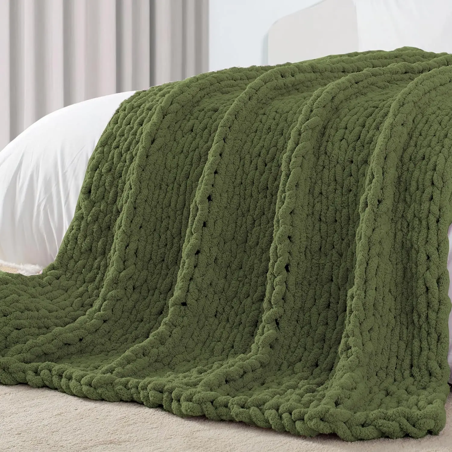 

Chunky Knit Throw Blanket 50" x 60", Handmade Chenille Yarn, Soft & Cozy for Couch Sofa Bed, Olive Green