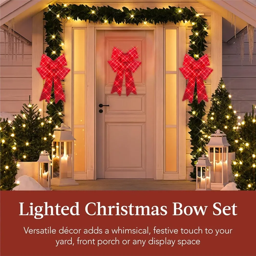 

Set of 3 Bows Pre-Lit Christmas Bow Decoration, Indoor/Outdoor LED Holiday Décor w/ 30 Lights, Outdoor Battery Box