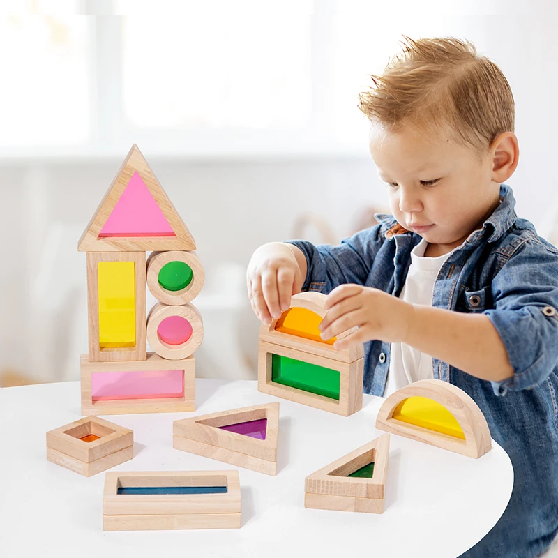 Wooden Rainbow Building Blocks, Acrylic Translucent Building Blocks, Baby Creative Building, Stacked High Building Blocks, DIY B