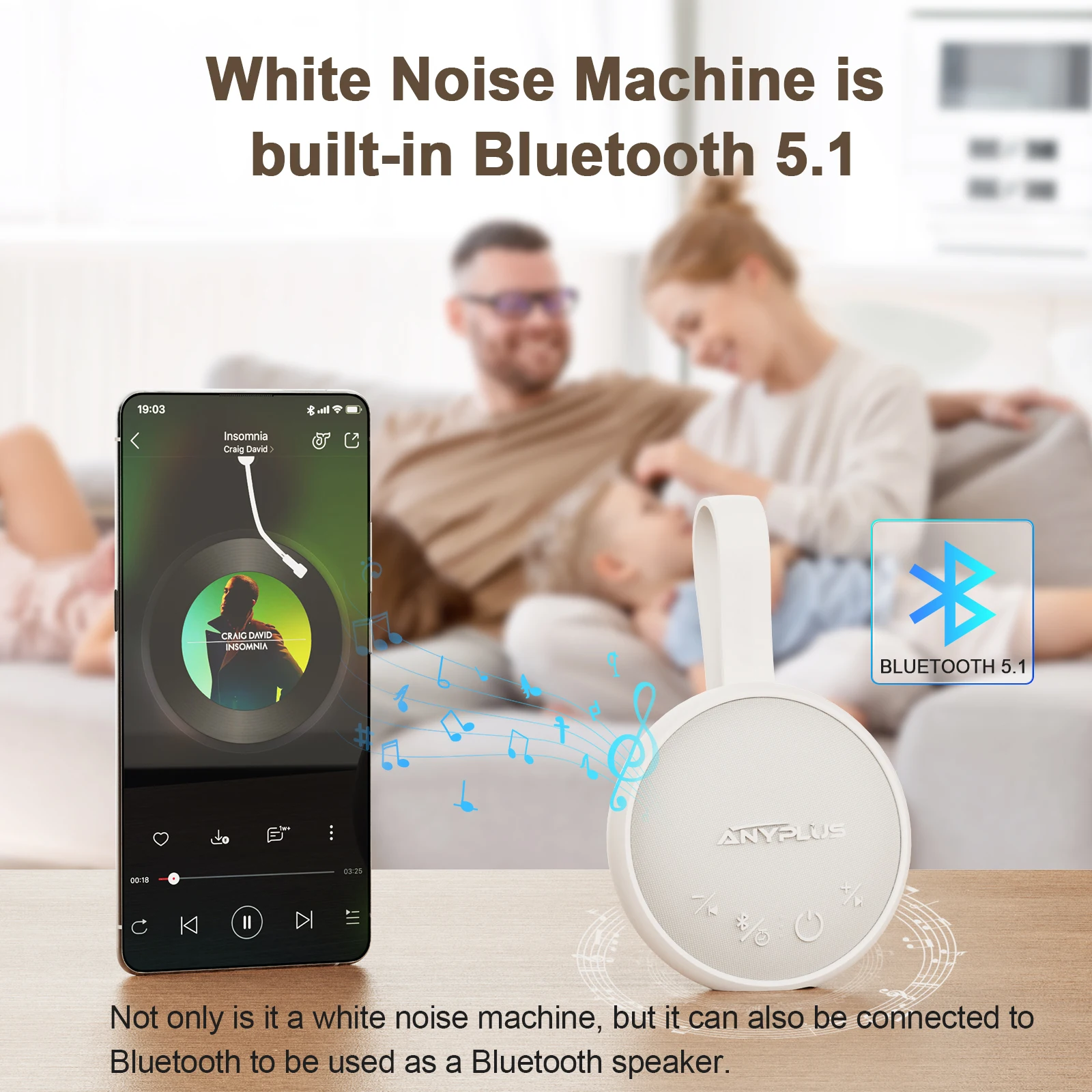 White Noise Sound Machine for Sleeping, with Bluetooth 5.1/24 Soothing Sounds/Battery Powered/3 Timer Memory Function for Adults