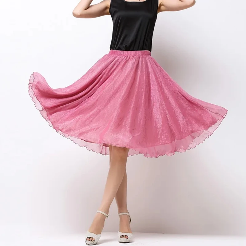 Summer Women Silk Tutu Skirts Chiffon Pleated Dance Beach Wedding Party Skirt Black White Elastic High Waist Midi Skirts
