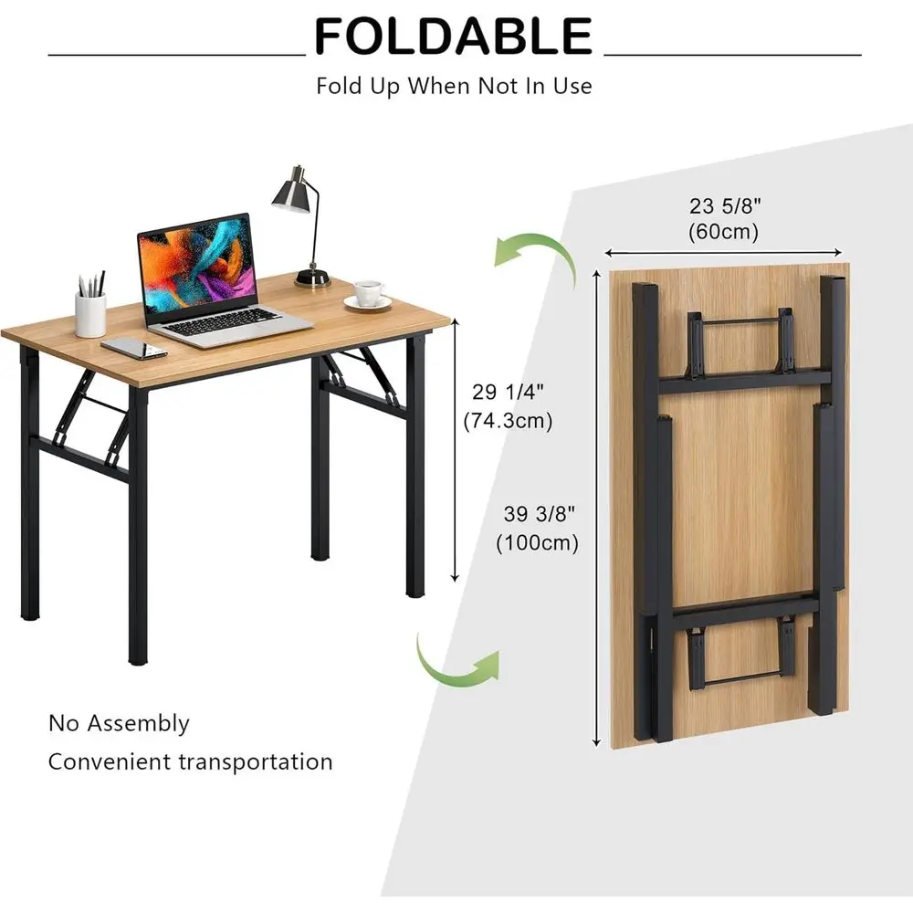 Modern Teak-Colored Folding Computer Desk, 39.375 Length, Easy Setup, Black Frame for Home Office