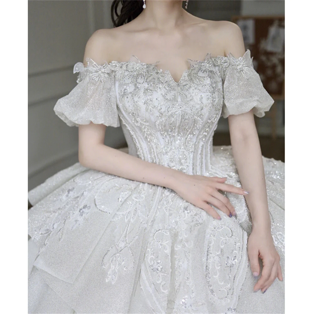 Robe de Mariée en Dentelle Perlée et Pailletée, Magnifique Tenue de Bal Brillante à Col Bateau, Personnalisée, A013, 2024