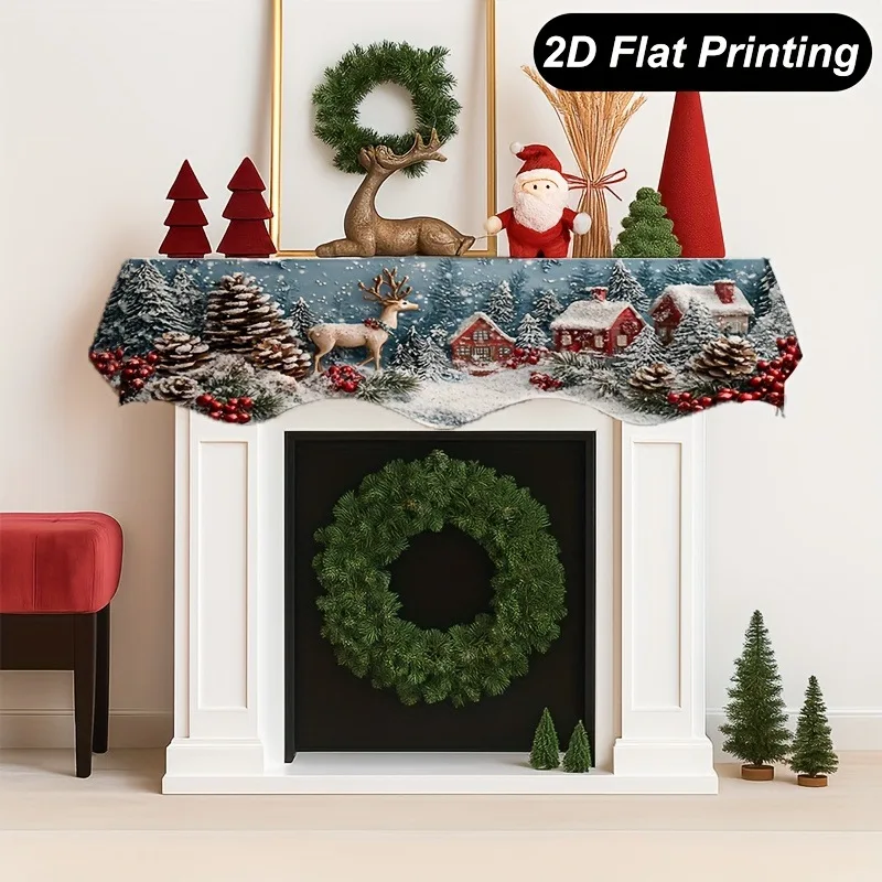 

Цельный рождественский шарф для камина со снежным пейзажем, кабиной и рисунком оленя, идеально подходит для праздничного украшения дома