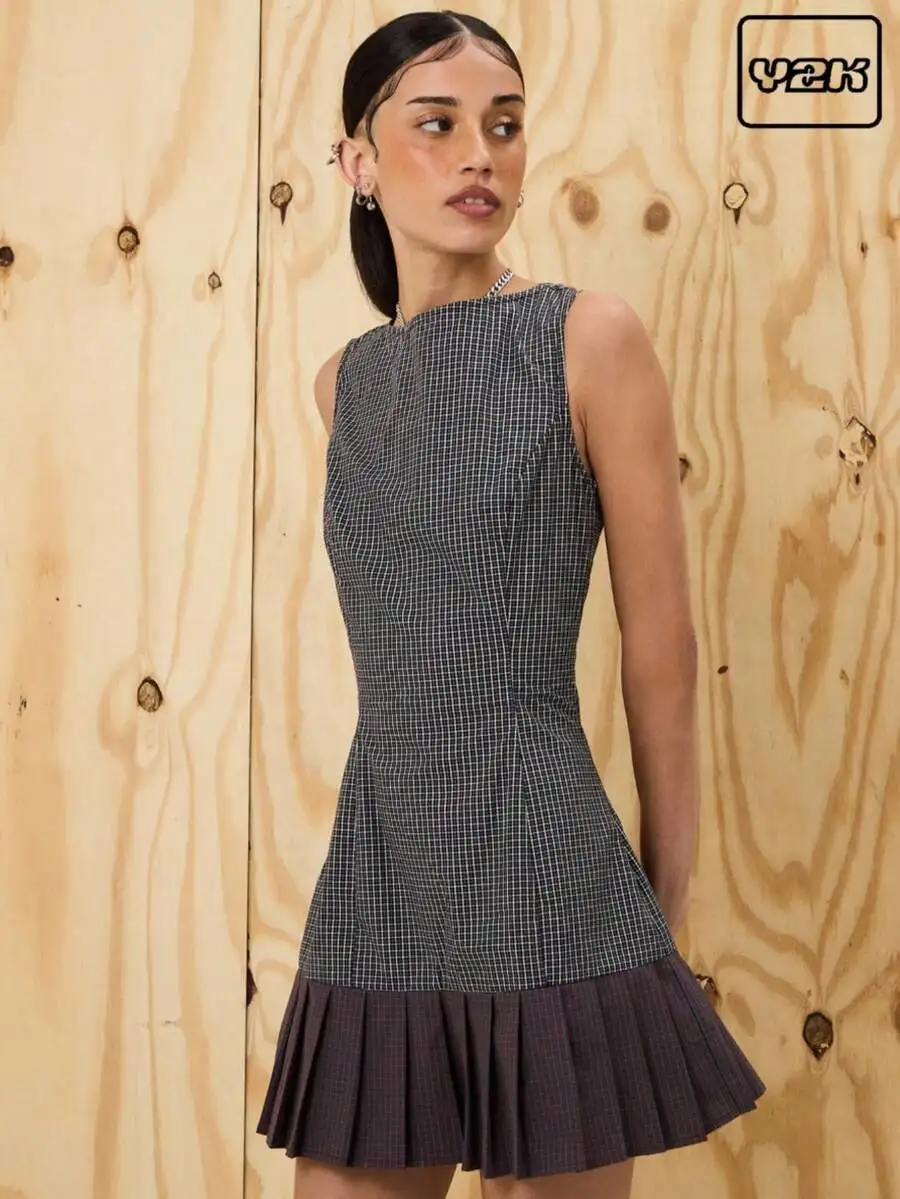 

Micro Check Tailored Fitted Mini Dress Y2K Chic Party Office Spring Women