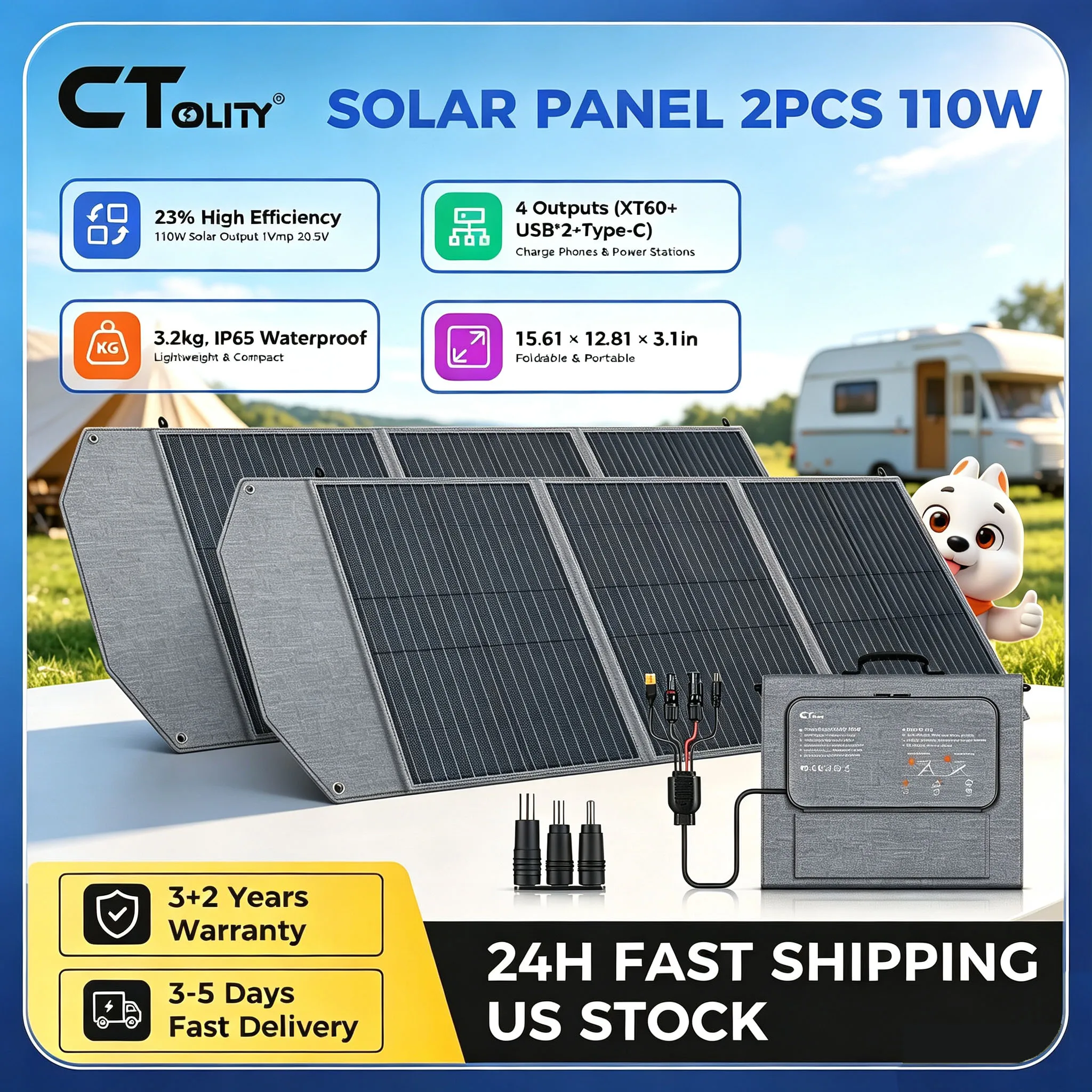 CTOLITY 1PCS/2PCS SP100 110W Flexible Solar Panel Portable Folding Bag 23% Efficiency Energy Storage Supply USB Type-C For Power Station