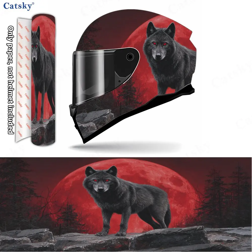 Scarlet-forest Red-moon Lone Wolf Print Helmet stickers , PVC Material Multifunctional Helmet Stickers, Scratch-Resistant & Fade