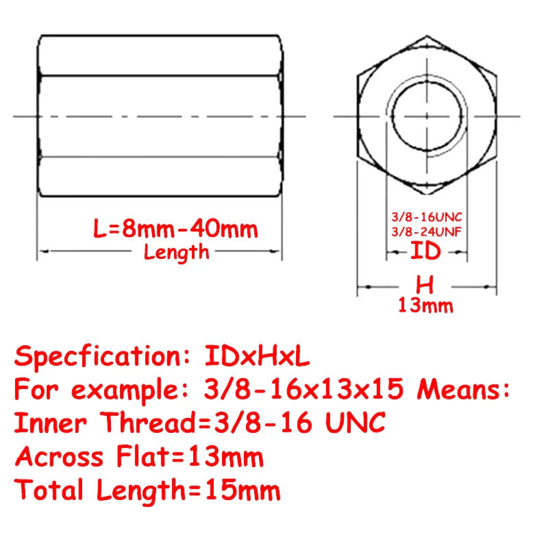 Thickened Brass Hex Long Coupling Nuts 3/8 UNC UNF Thread Male Female Connection Sleeve Industrial Mechanical Spacer Joint