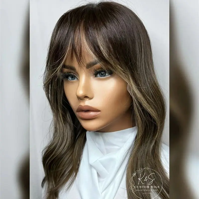 

Loose Wave Wig Top Grade Lace Wig with Bangs Brown with Blonde Highlights Synthetic Fibre Wigs Cheap Price Fringe Good Quality