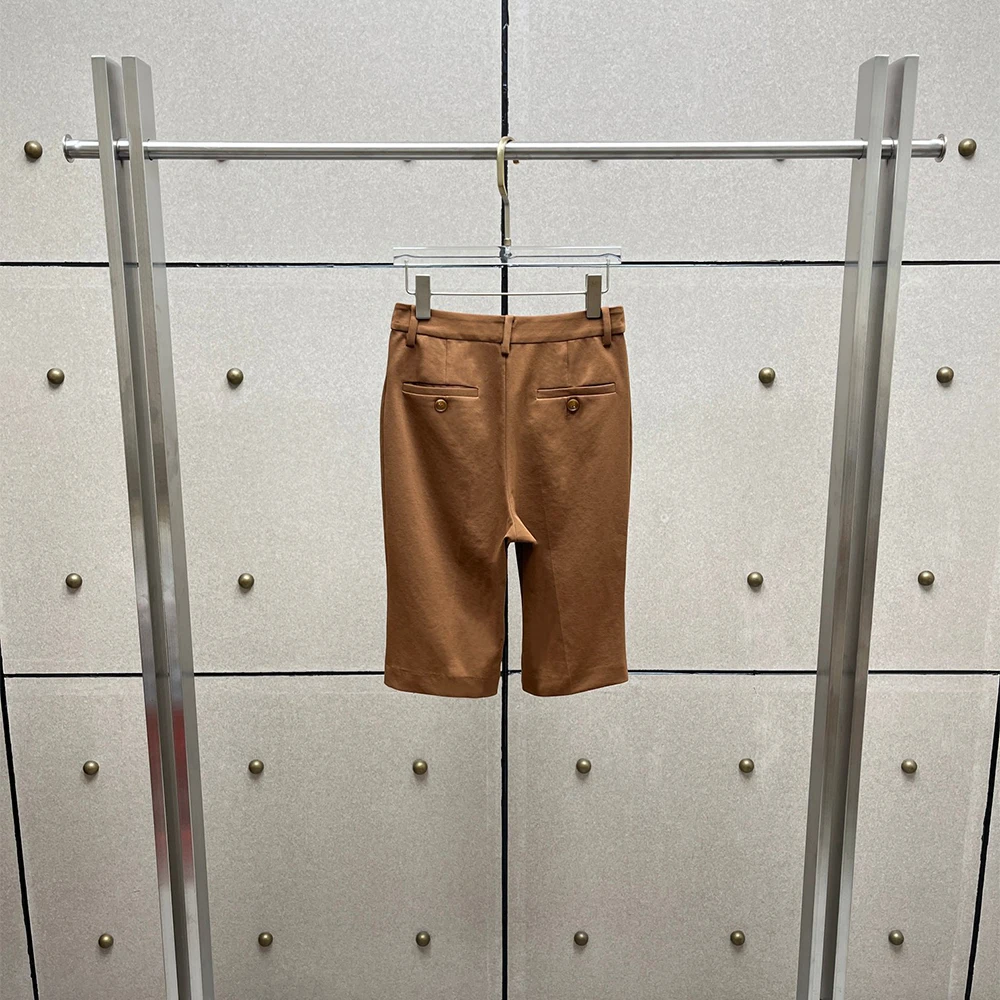Ladies Mid Thigh Pants Cotton Mix Fabric Slim Straight Knee Shorts High Rise Workwear Elegant Daily Commuter Shorts