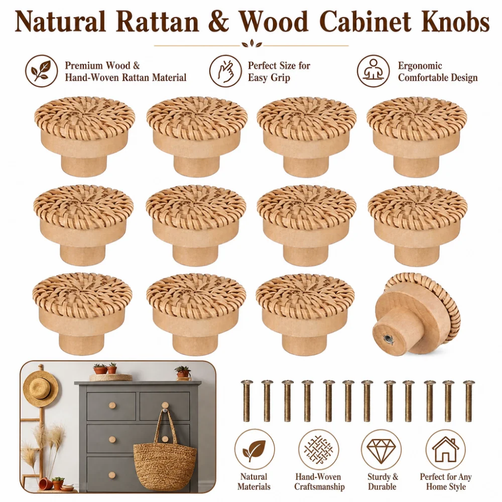 12pcs Bohemian Rattan Dresser Knobs, Round Wooden Drawer Knobs With Handmade Wicker Weave And Screws For Furniture, Cabinets, Dr