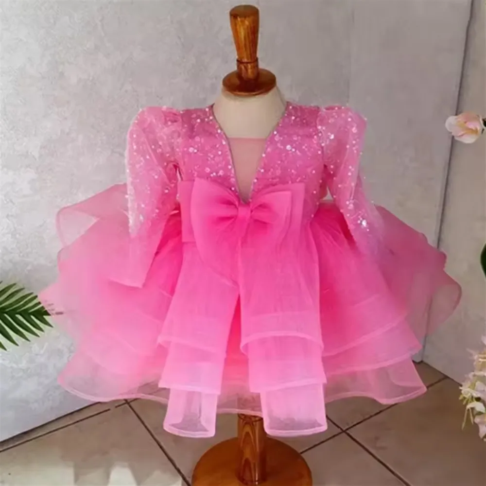 

Princess Dress Flower Girl Wedding Dress Long Sleeve Puffy Gown Kids First Birthday Party Outfit Formal Celebration Matching
