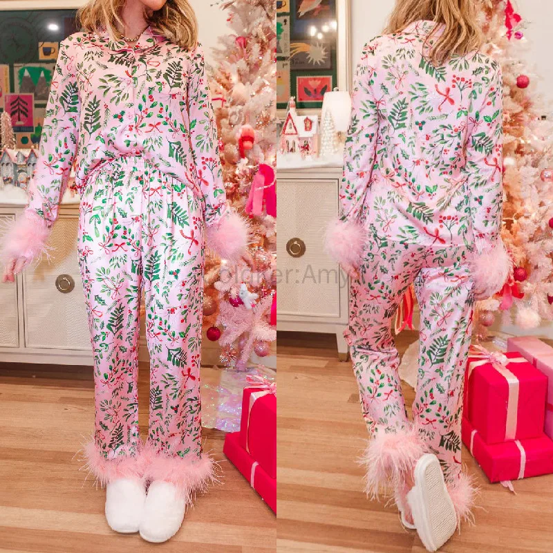 Womens Christmas Pajamas Sets Long Sleeve Button Down Fur Trim Shirt Matching Pants 2 Piece Lounge Set