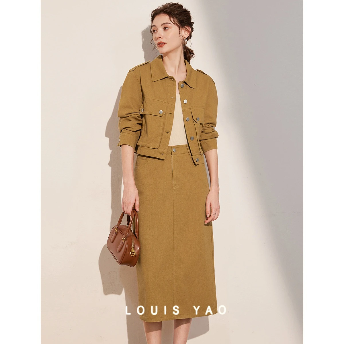 

Autumn Style Women's Suit Temperament Denim Suit Lapel Long Sleeved Jacket Medium Long Straight Half Skirt Female Clothing