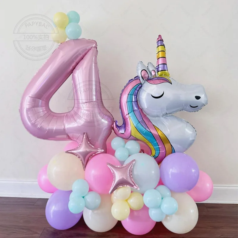 52szt Rainbow Unicorn Theme Balloon Column 32inch Pink Number 1-9th Girl Birthday Party Favors Baby Shower Decorative Balloons