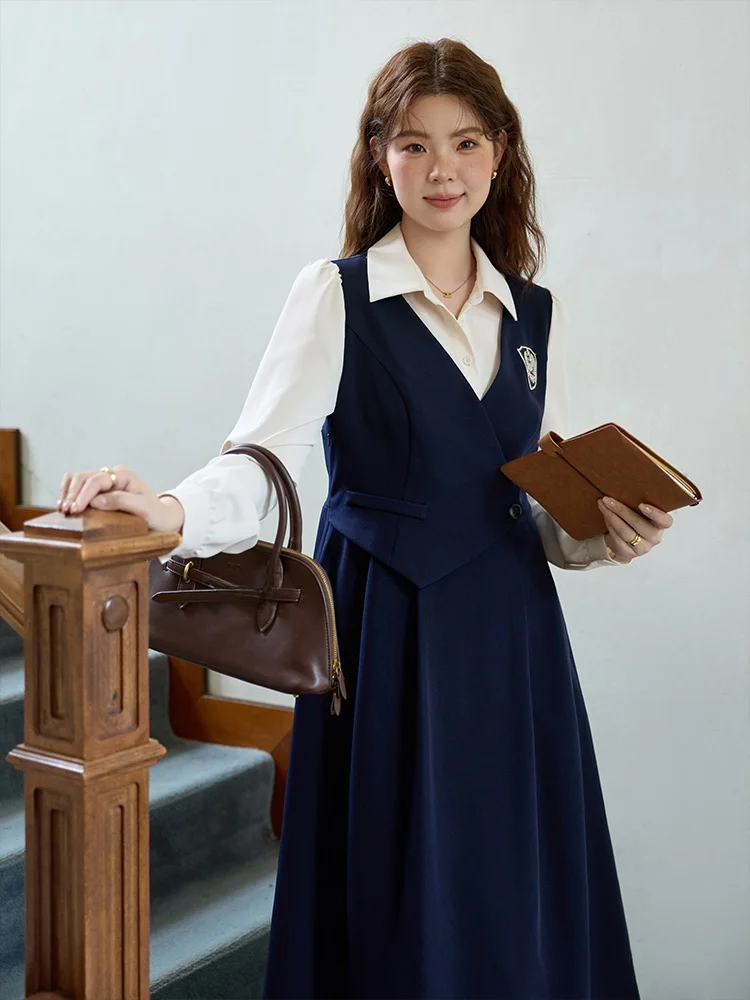 Spring plus Size Women's Dr Waist-Cinching Patchwork Illusory Two-Piece Design Casual Long Sve A-Line Skirt