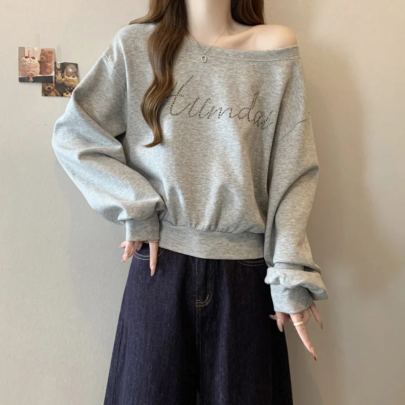 

Shoulder Bared Long Sleeve Sweatshirt Women Spring Autumn Thin Loose Rhinestone Design Short Style Trendy Top Korean Version